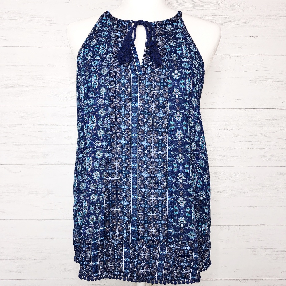 Pink Rose Blue Patterned Tank Top